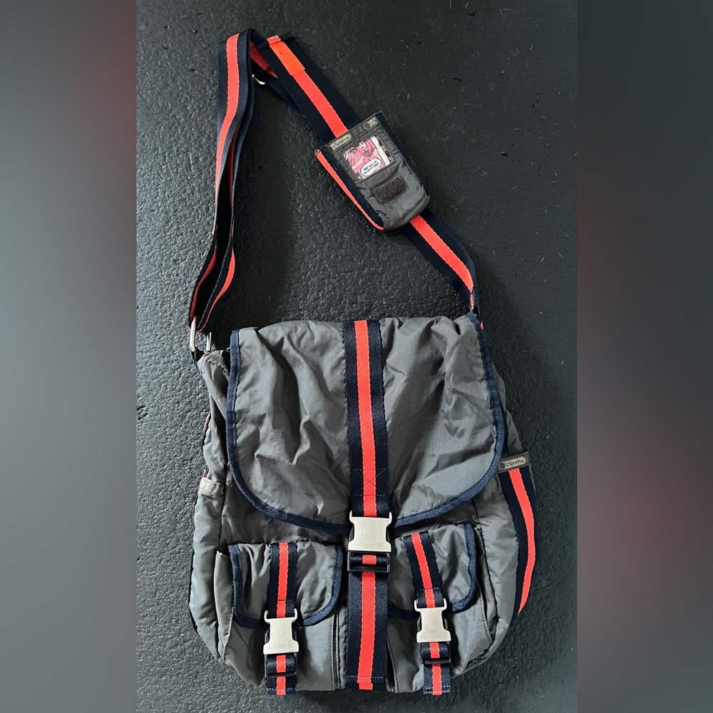 Gray and Red Crossbody Bag
